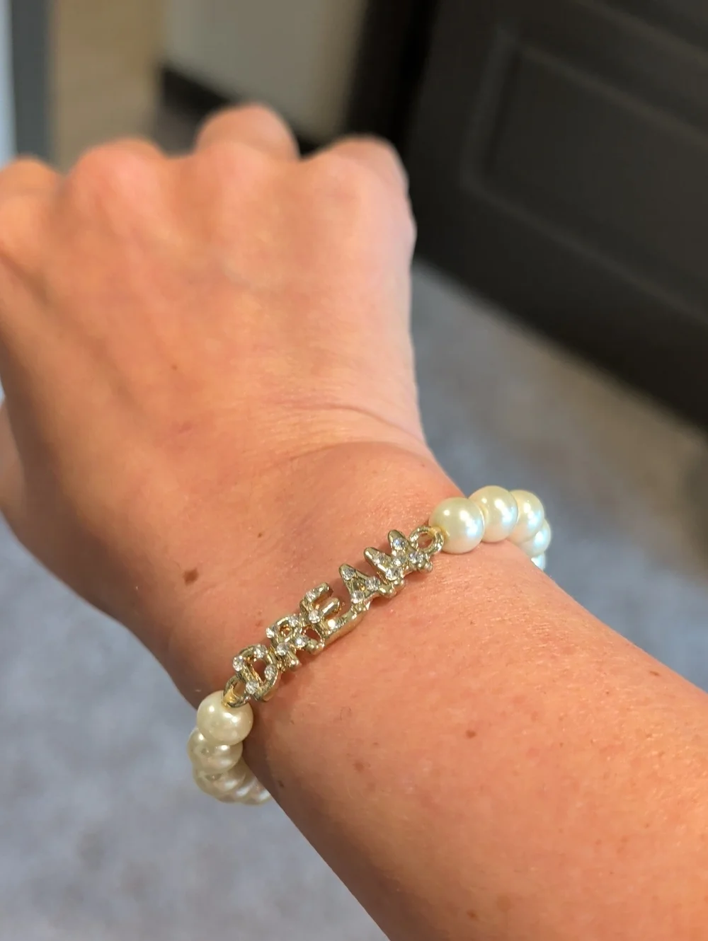 Personalized Pearl Stretch Bracelet with Gold Letter Accents - White